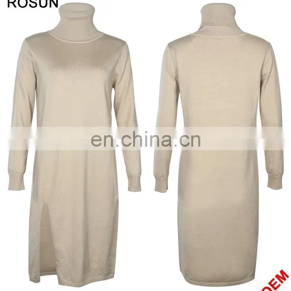 Women Turtleneck Long Sleeves Ribbed Split Side Knit Dress photo-3