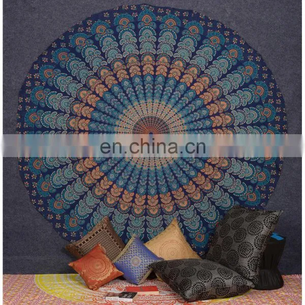 Blue Color 100% Cotton Peacock Mandala Queen Size Wall Hanging Indian Tapestry