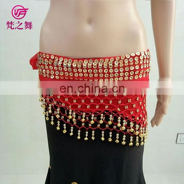 Top Level New Products Wholesale Indian Chiffon Gold Sequins Belly Dance Hip Scarf With Bells Y-2055 photo-3