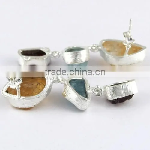 Designer Rough Citrine & Aquamarine & Garnet Silver Earring, Gemstone Silver Jewelry, Handmade Silver Jewelry photo-6