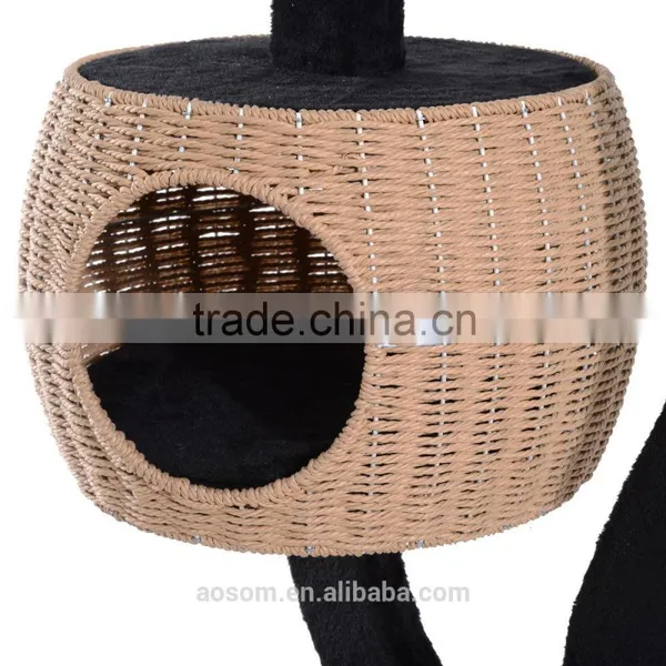 Pawhut 50" Cat Tree Tower With Woven Condo - Black/Beige photo-4
