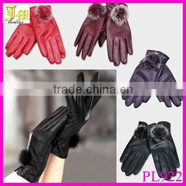 New Hot Fashion Ladys Womens Gloves PU Leather Cute Rabbit Fur Ball Warm Winter Gloves Mittens