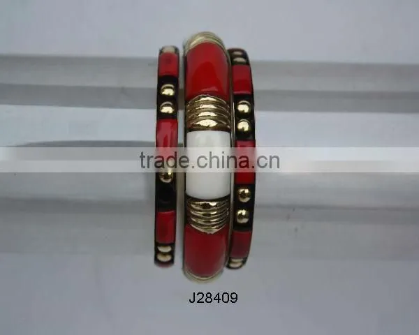 Red bone and metal combination mosaic Bracelet on brass base set of 3 pcs