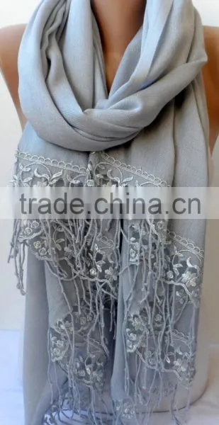 Silver Gray French Lace Light Gray Pashmina Shawls Soft Lightweight Scarf Bridesmaid Pashmina Women Wedding Trend Feminine Gifts photo-3