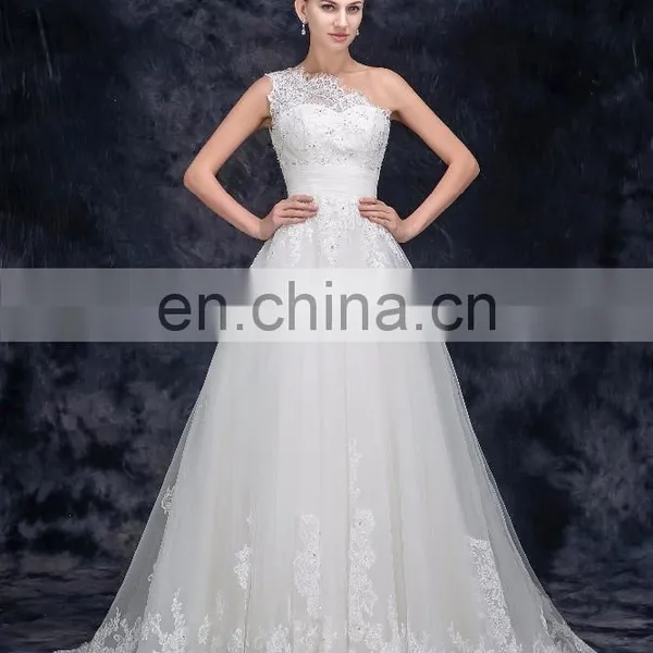 One Shoulder Tulle French Lace Bridal Dresses Elegant Beaded Weeding Dresses photo-2