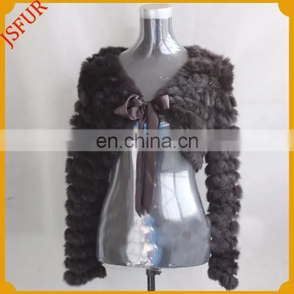 Real Rabbit Fur Knit Jacket Ribbon Bowknot Trim V-nick Long Sleeve Knitted Rabbit Fur Shawl and Cape photo-3