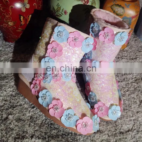 Aidocrystal New Designed Flower Women Bling Pink Sequins Wedge Heel Ankle Snow Boots photo-2