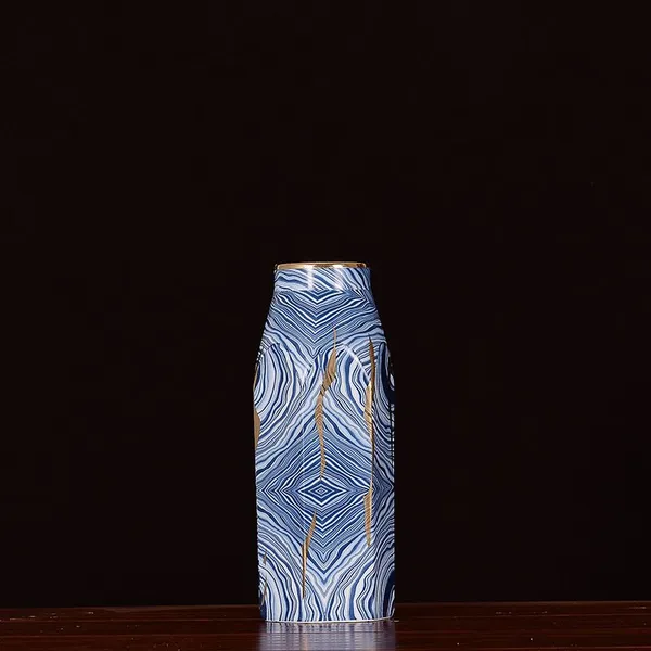 New Chinese Modern Simple Hexagon Electroplate Blue White Stripe Ceramic Vase For Indoor photo-4