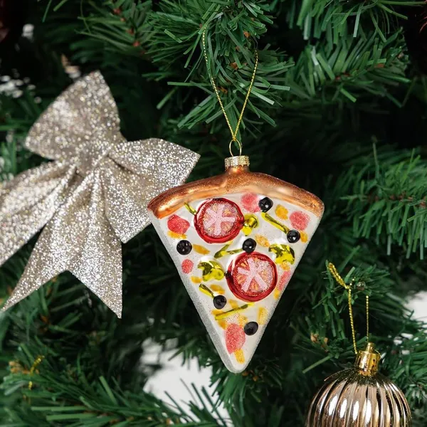 Wholesale Price Personalized Navidad Xmas Tree Hanging Decorations Custom Hand Blown Glass Food Pizza Slice Shaped Christmas Ornaments Baubles