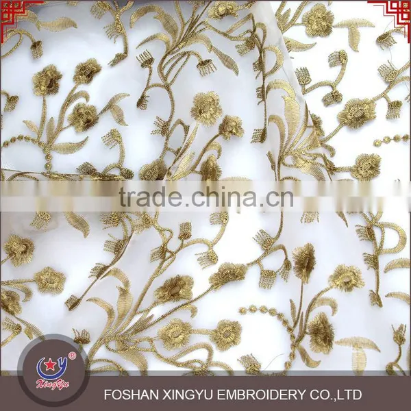 East Fashion Organza Water Soluble Lace Embroidery Fabric on Chiffon With Gold Thread for Dress photo-4