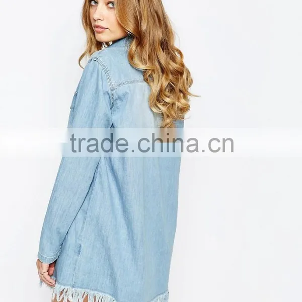 2016 Autumn Long Sleeve Oversized Frayed Denim Shirt photo-2