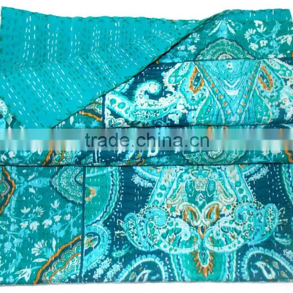 Ndian Kantha Quilt Paisley Queen Size Cotton Reversible Bedspread Throw photo-2