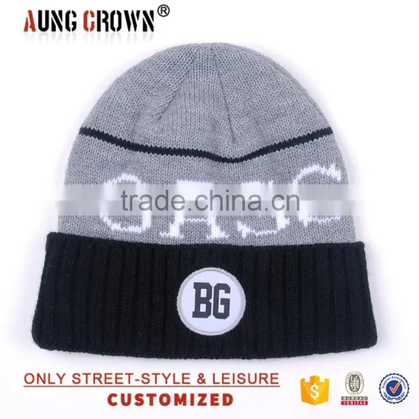 Custom Acrylic Cuff Beanie Knitted Hat With Custom Patch