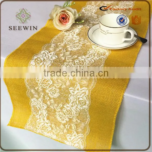 Color Dyed Environmental Hotsale Natural Jute Table Runner With White Lace photo-2