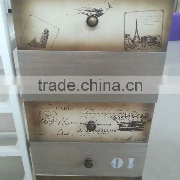 European Style Printing Design Colorful Antique Bedside Table Wood Storage Cabinet photo-3