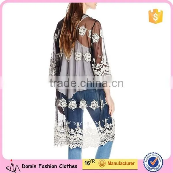 Women Sheer Mesh Fabric With Embroidered Detail Kimono photo-2
