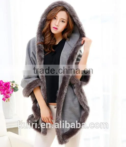 New Winter Warm Elegant Faux Mink Collar Fur Hooded Cape Plaid Sleeveless Women Coat photo-2