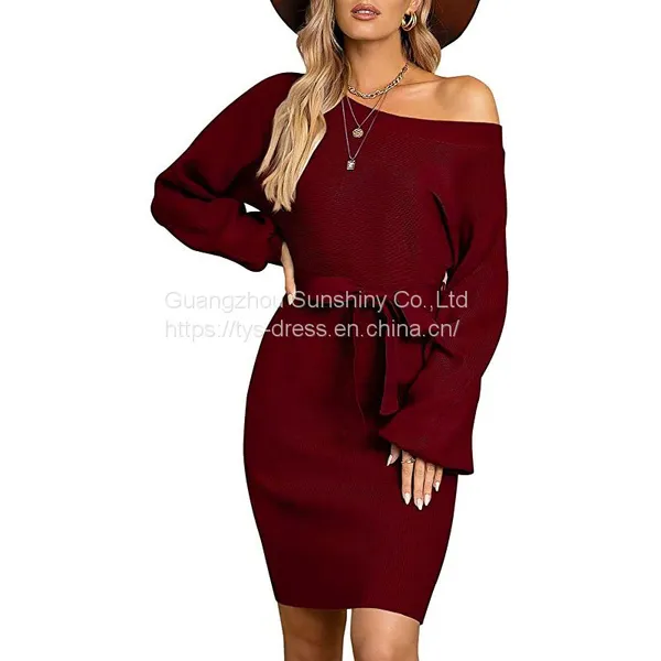 New Knit Solid Color Slim Women's Long-sleeved Bag Hip Off-shoulder Dress photo-3