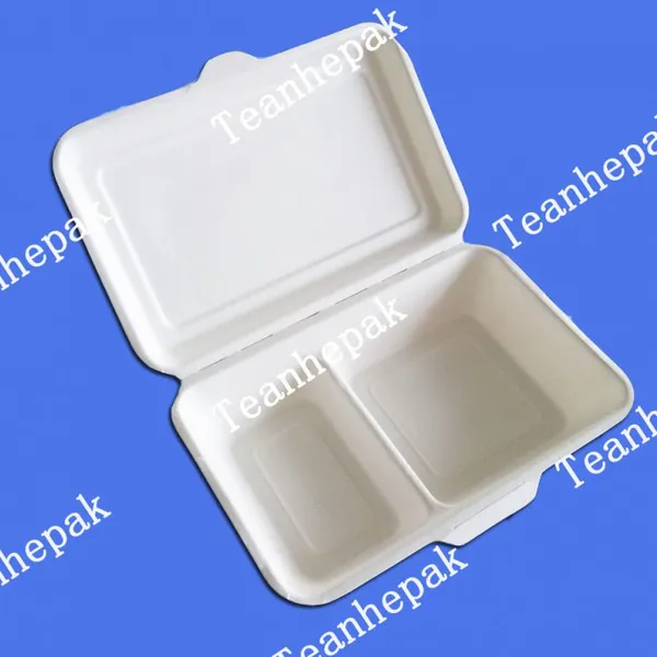 1000ml Double Grid Lunch Box 9 * 6 Degradable Environmental Protection Lunch Box Take Out Pulp Bagasse Lunch Box Disposable Lunch Box Single Double Grid Salad Box