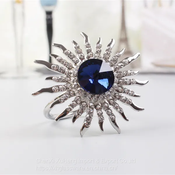 Sparkling Blue Artificial Crystal Diamond Sun Flower Rhinestones Napkin Rings Holders photo-2