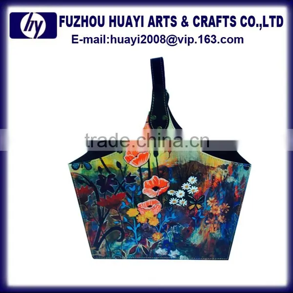 PU Leather Printing Design Photo Wooden Storage Basket Hanging Basket Chain photo-2