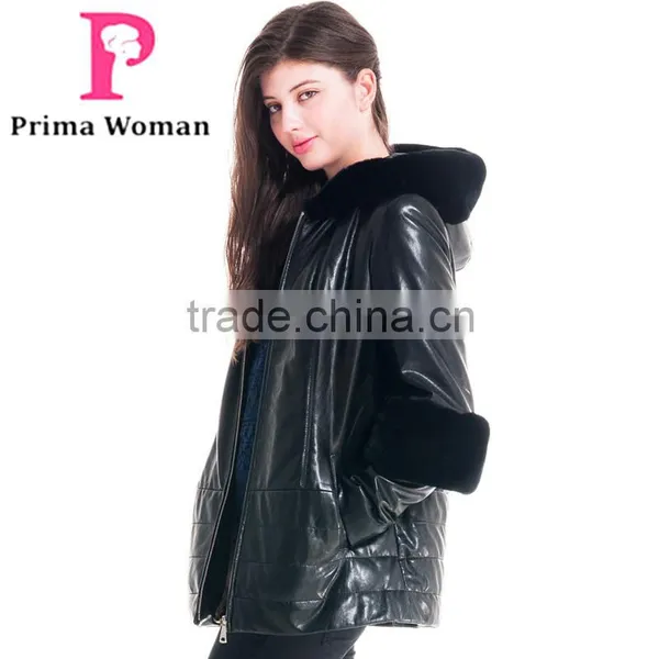2016 New Design Winter Women Short Leather Coat With Rex Rabbit Hat Detachable Sleeveit Overcoat photo-3