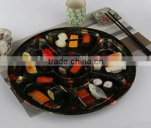13" Round Embossing Sakura PS Plastic 6 Compartment Disposable Food Tray