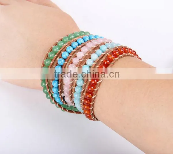 the Sea Blue Pink Crystal Bracelet Fashion Agate Beads Charm Bracelet Women Jewelry 5 Coil Winding Leather Bracelet Bangles photo-4