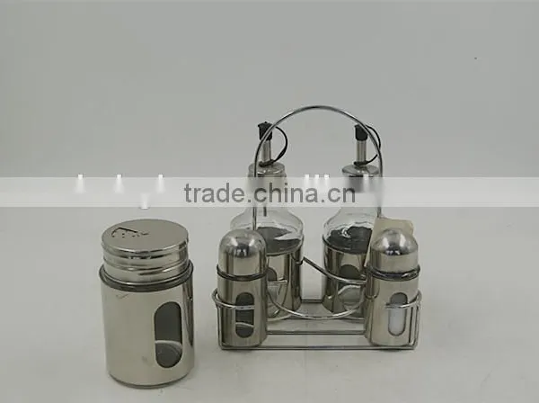 Set of 5 Glass Oil Vinegar Bottle Spice Jar Set Cruet Set With Metal Coat Shelf photo-3