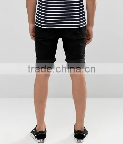 High Quality Custom Five Pockets Men's Black Slim Fit 100% Cotton Stretch Denim Breathable Concealed Fly Casual Shorts Pants photo-2