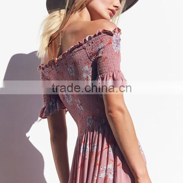 Lady's Smocked Dress With Slit off the Shoulder Floral Long Maxi Dresses photo-6