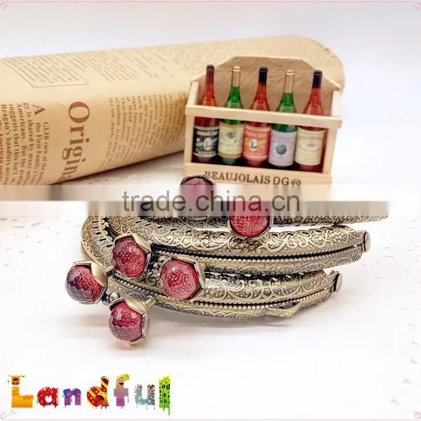 8.5cm Bronze Embossed Pattern Crystal Bead Lotus Metal Purse Clutch Frame photo-4