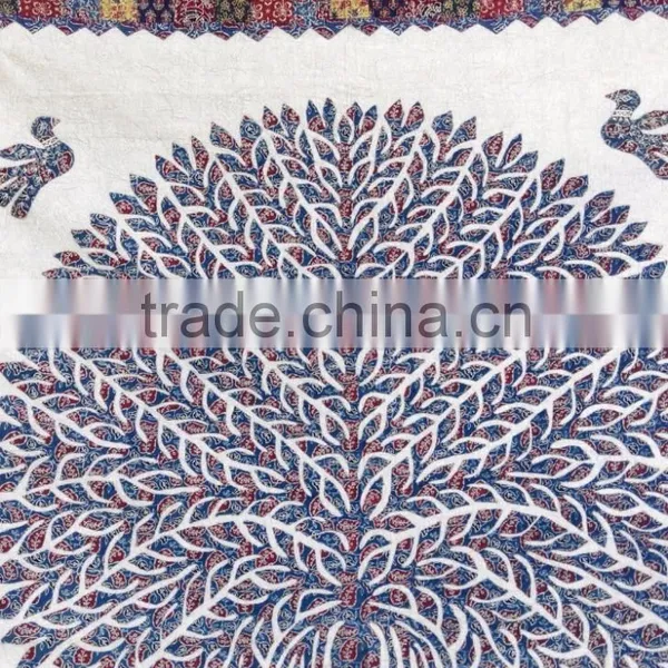 Beautiful Jaipuri Hand Block Printed Hand Embroidered Bed Cover With Kantha Work photo-3