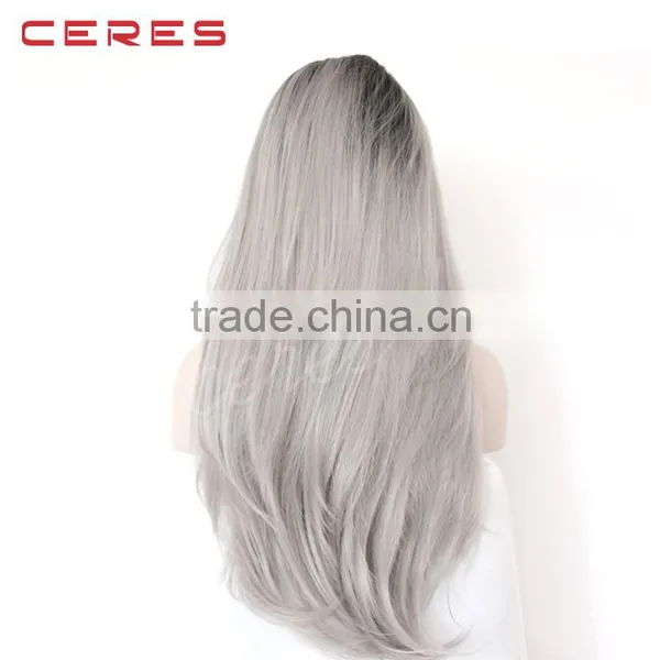 Lace Front Black to Grey Ombre Wig Long Wavy High Temperature Synthetic Wig Supplier's Choice photo-2