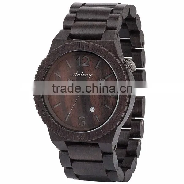 2015 Wooden Men Watch Ebony Case Even Strap / Japan Movement With Calendar
