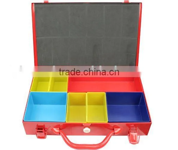 Portable storage case with plastic organization bins