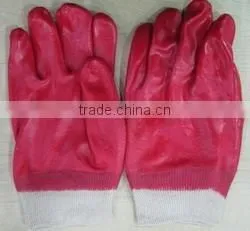 Red PVC Glove, Knit Wrist, Interlock Line, Smooth Finish