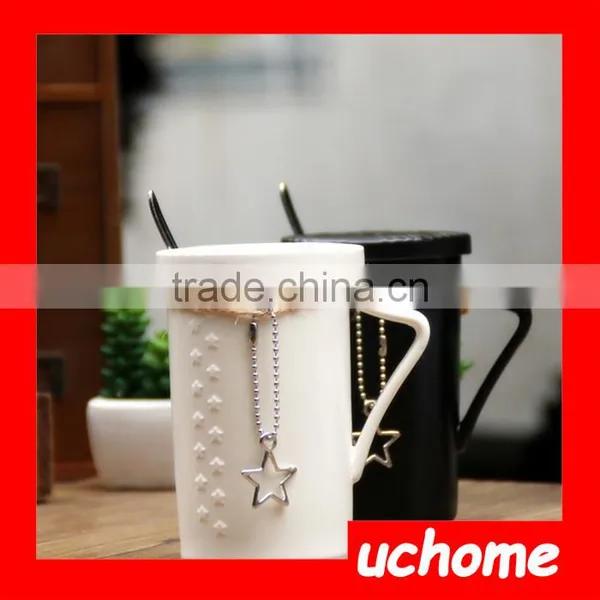 UCHOME Ceramic Romantic Matching Couple Coffee Mugs With Lid And Spoon Pendant Coffe Cup photo-2