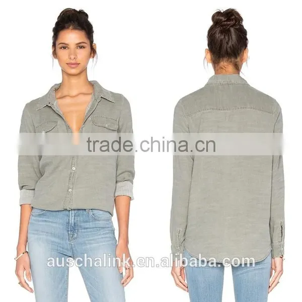 New Style Autumn Women Army Olive Grey Twill Shirt Factory Price photo-5