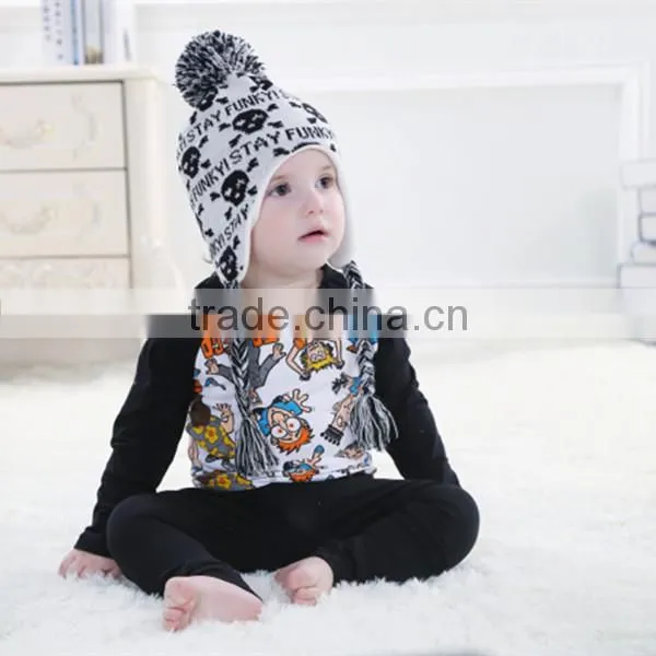 Cool Skull Pattern Baby Knitted Caps Pom On Top For Autumn,Fashion Unisex Knitting Hats With Tie photo-2