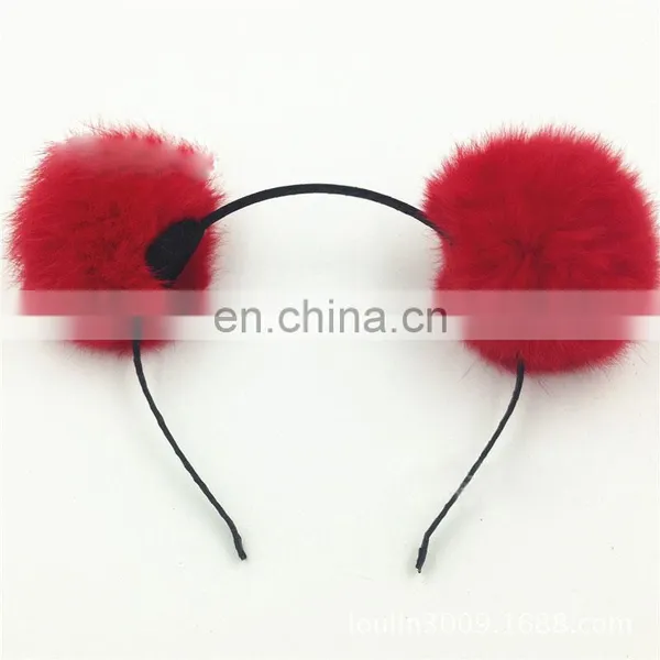 Cute Real Rabbit Fur Balls Headband Hand Made Round Fur Pompon Headband photo-3