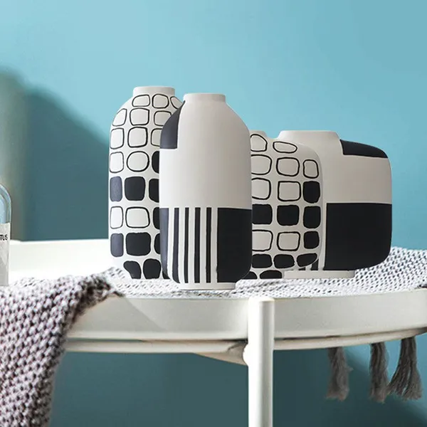 Minimalism Hand Paint White Black Stripe Grid Ceramic Flower Vase For Showroom Decor photo-2