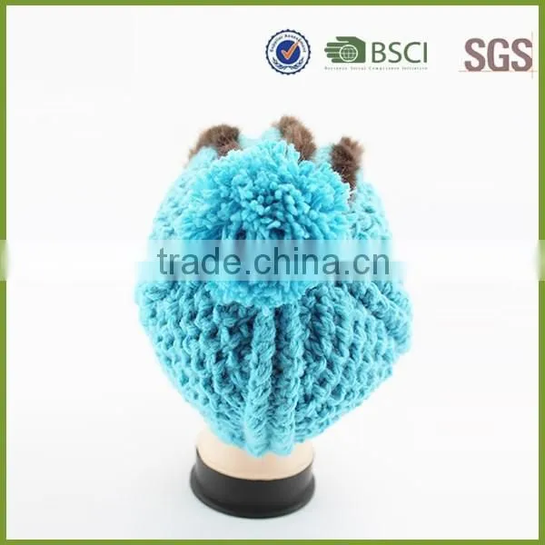 Blue Color Custom Knitted Pom Beanie Hat With Fur photo-3