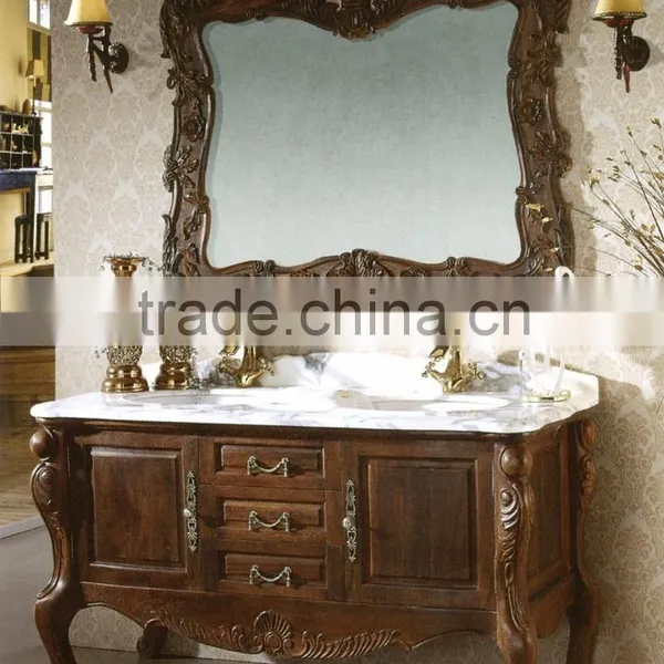 Hotel Type Baroque Style Antique Wooden Bathroom Vanity With Double Sinks With Gold Foil WTS123 photo-3
