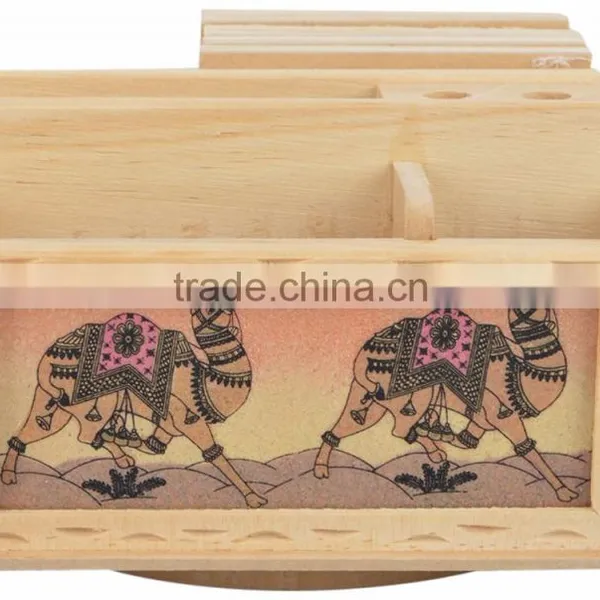 Rich Art And Craft Jaipur Rajasthan Wooden Handicraft Handmade Office Set of Pen Stand Tea Coaster
