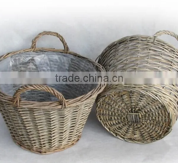 100%Handmade Natural Plastic Lined Grey Wicker Flower Plant Basket Gardon Basket Indoor Flower Plant Basket photo-6