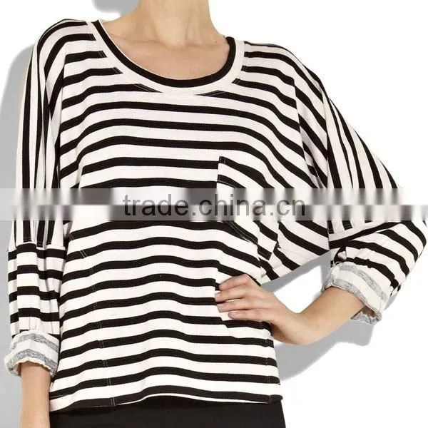 Shenzhen Winner Clothing Fashion Knitting3/4 Sleeve Black White Stipe T-shirt Manufacturer photo-3
