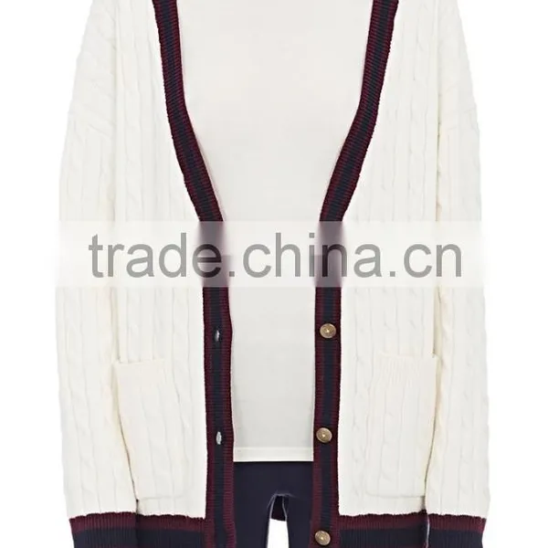 Wholesale Pure White V-Neck Rib-Knit Cashmere Women Sweater With Buttons Fastening and Slant Pockets photo-2