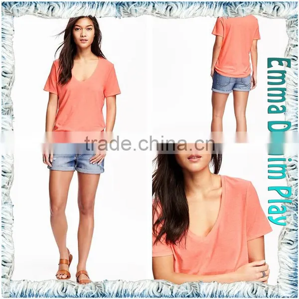 Latest Style Fashion Designs Color Dyed Sexy Girl's Soft Cotton Super Deep V Neck T-Shirts photo-5