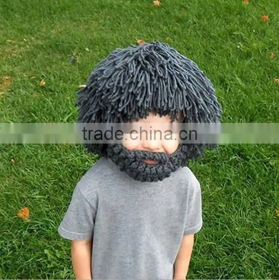 Hot Sell Men Barbarian Knit Crochet Beanie Hat Mad Scientist Wig Mustache Cap Beard Hat photo-2